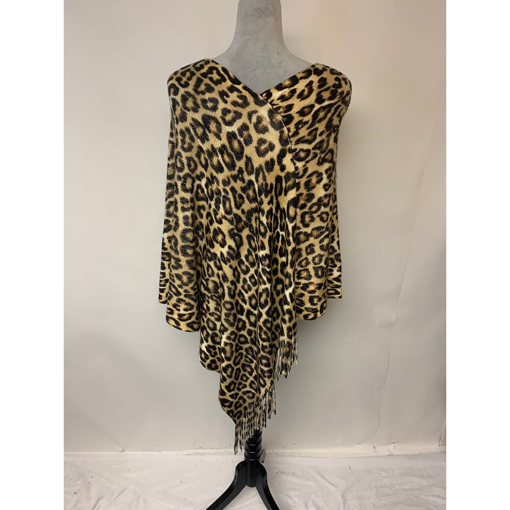 Chico's Poncho Fringe Animal Print Brown & Tan Womens SZ L/XL NWT - Picture 3 of 9
